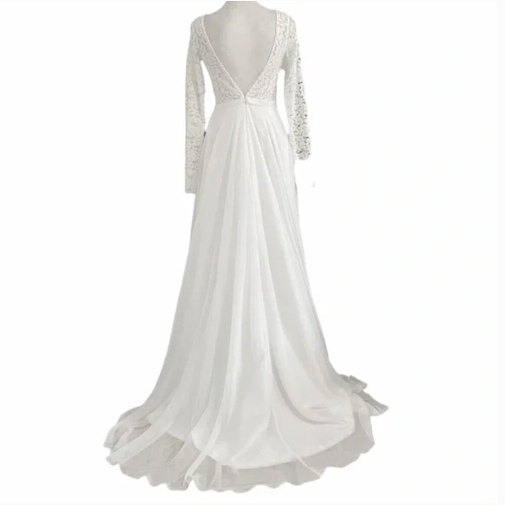 BRIDAL WHITE LACE LONG SLEEVE BACKLESS V-NECKLINE TRAINED WEDDING GOWN DRESS